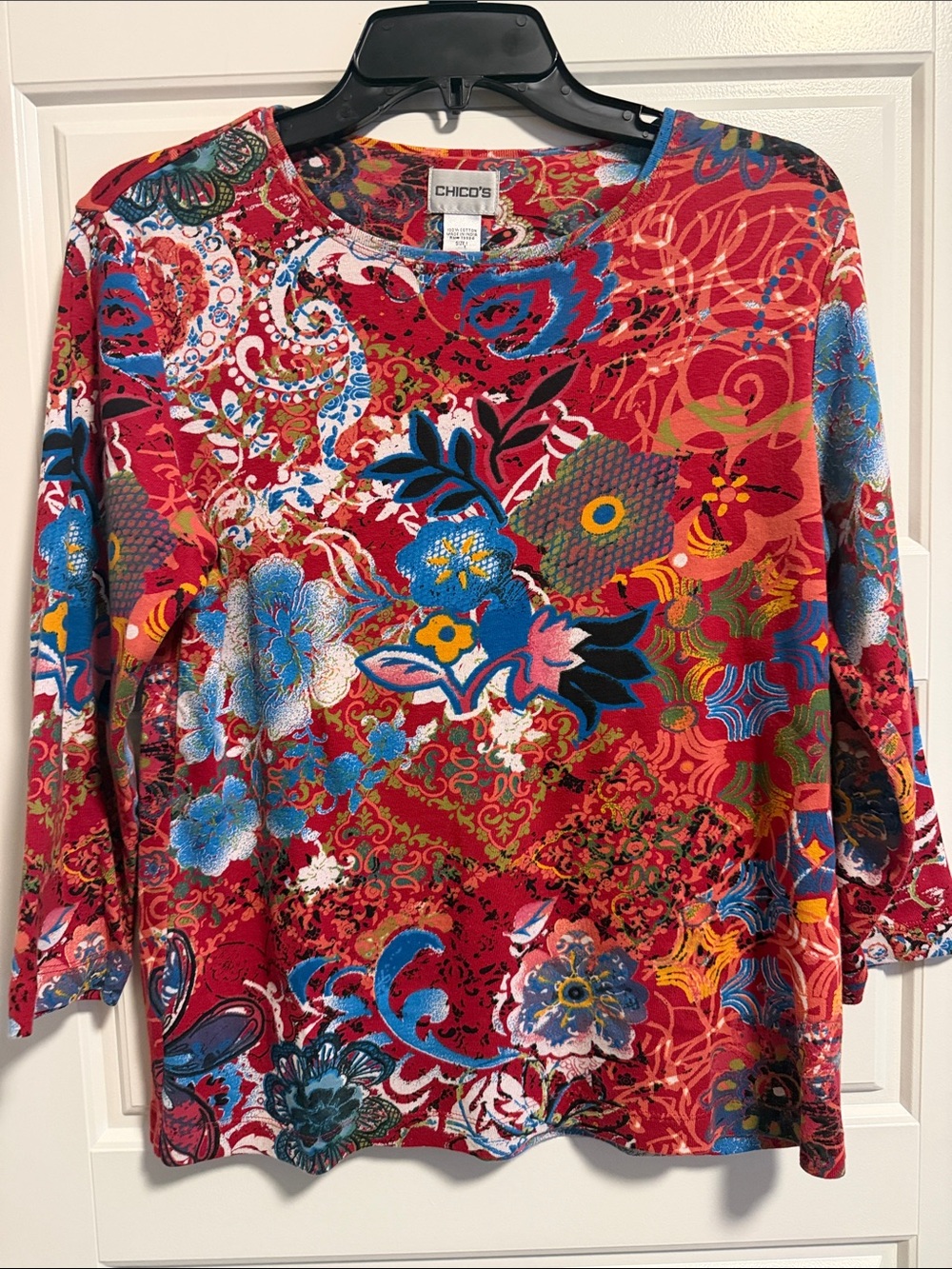 Chico's Red Floral & Paisley Long Sleeve Tee